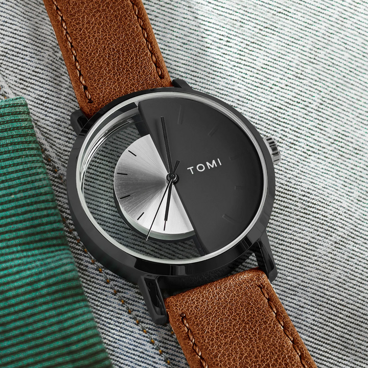 High-quality men's watch featuring a modern eclipse design dial & genuine leather band.
