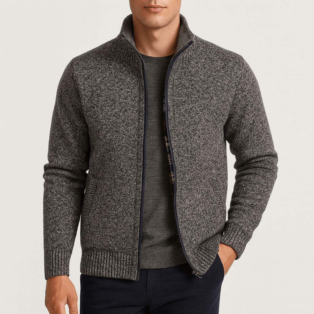 Close-up of a men's long-sleeve zip-collar cardigan, showcasing the modern fit and versatile fabric for winter style.