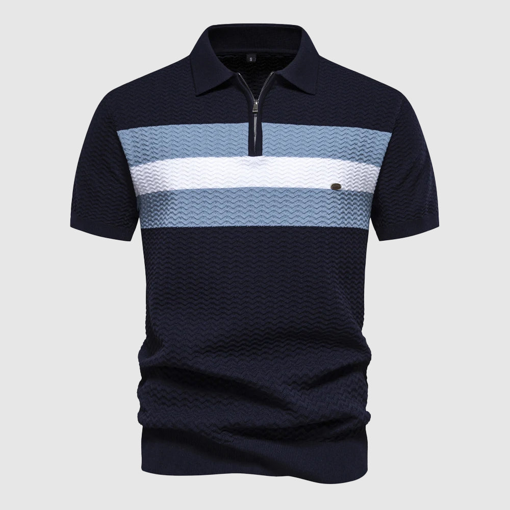 Men's modern zip polo shirt, short sleeve, for casual everyday comfort and style.
