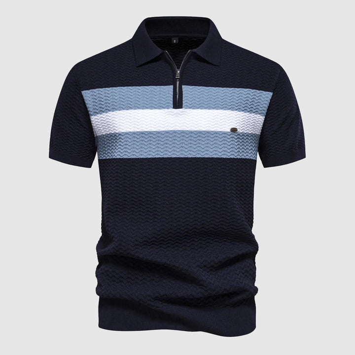 Men's modern zip polo shirt, short sleeve, for casual everyday comfort and style.