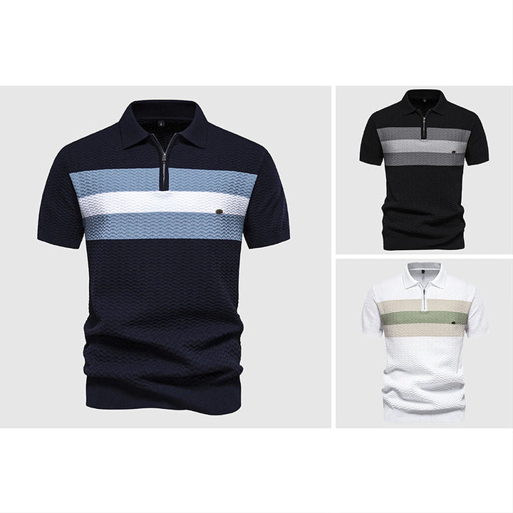Modern men's zip polo shirt, casual short sleeve top perfect for daily wear and comfort.