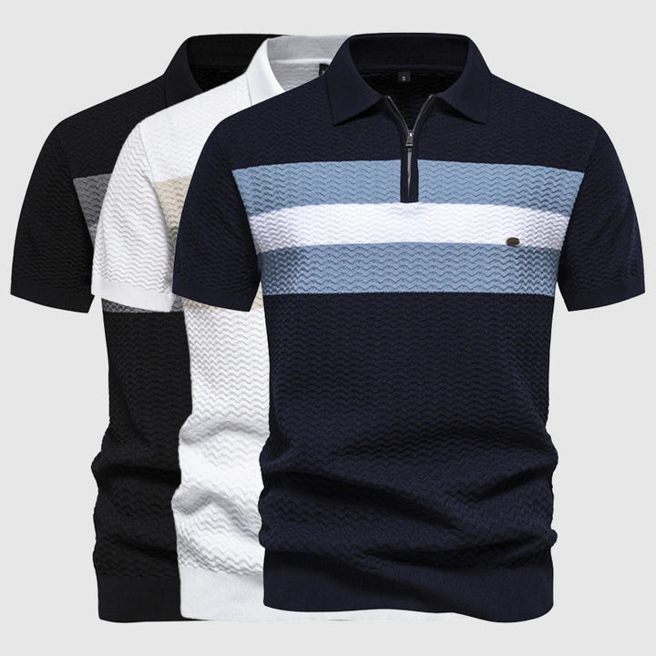 Stylish men's short sleeve zip polo, a comfortable modern top for everyday casual outfits.