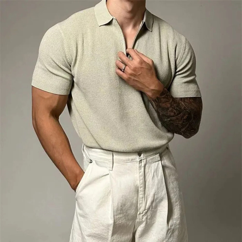 Men's modern zip-up polo shirt in a tailored fit, short sleeve for stylish casual comfort.