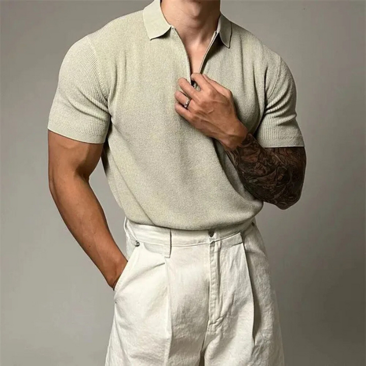 Men's modern zip-up polo shirt in a tailored fit, short sleeve for stylish casual comfort.