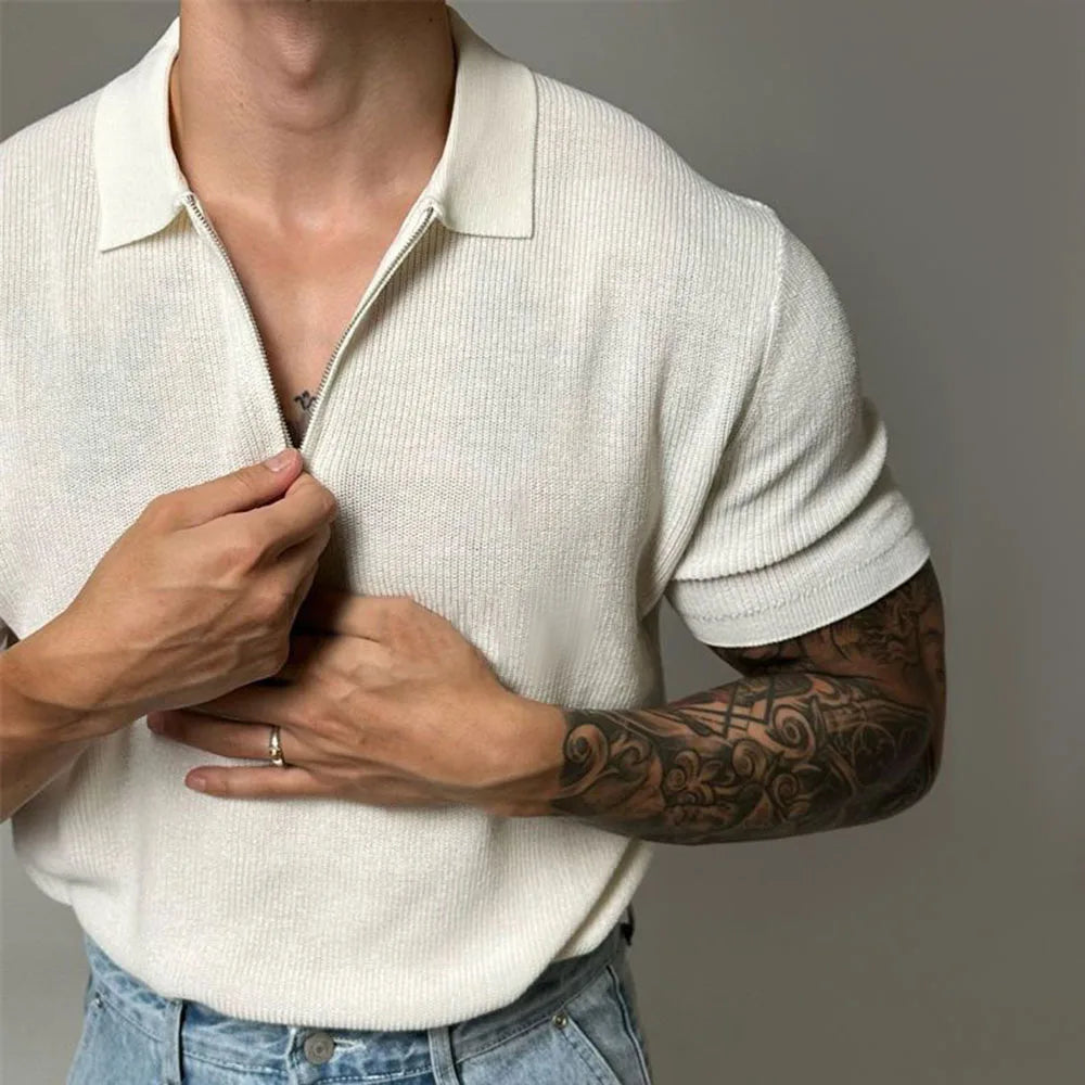 Tailored fit men's short-sleeve polo shirt with a sleek zip-up placket for a sophisticated look.