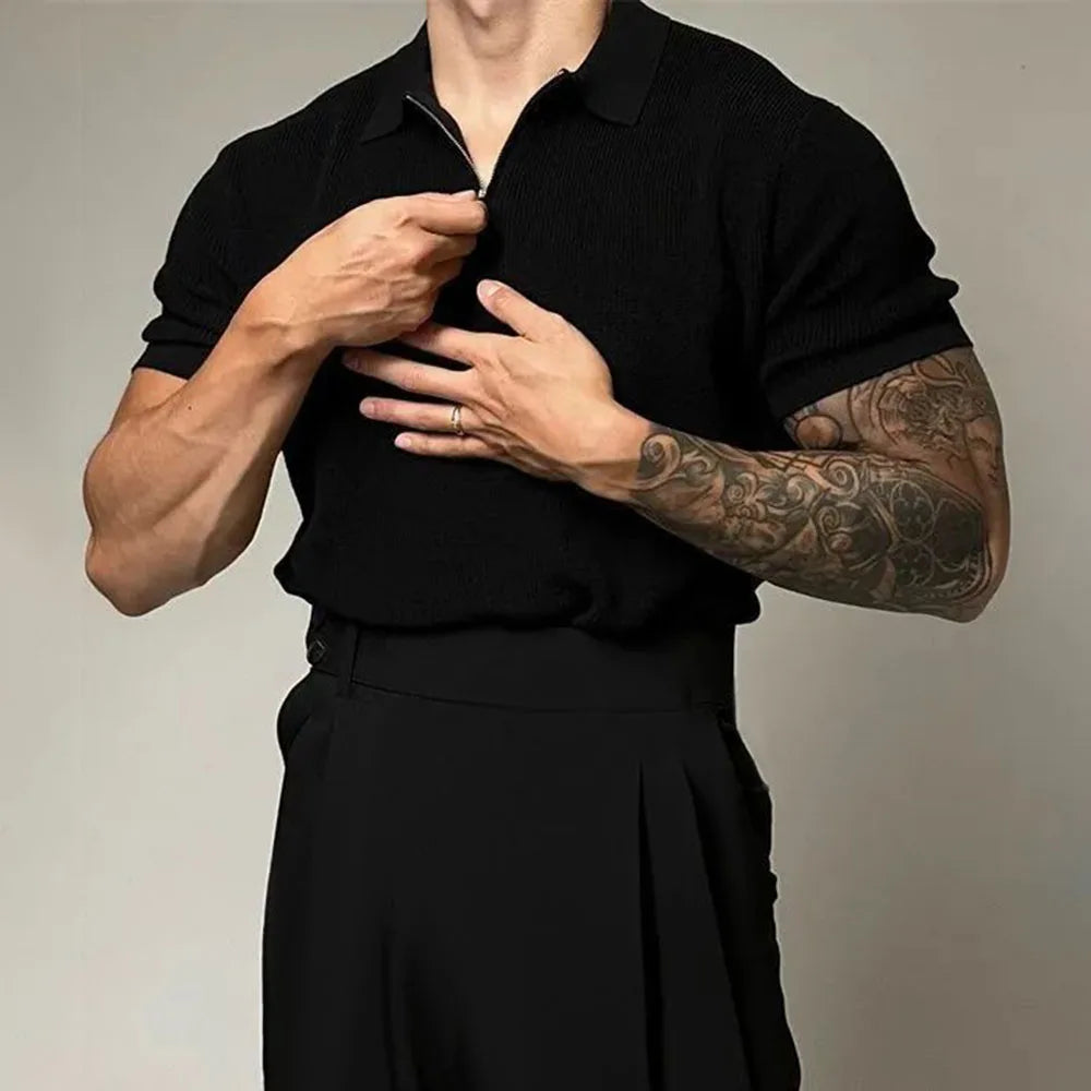 Soft knit men's tailored polo shirt with a modern zip, offering comfort and style for versatile fashion.