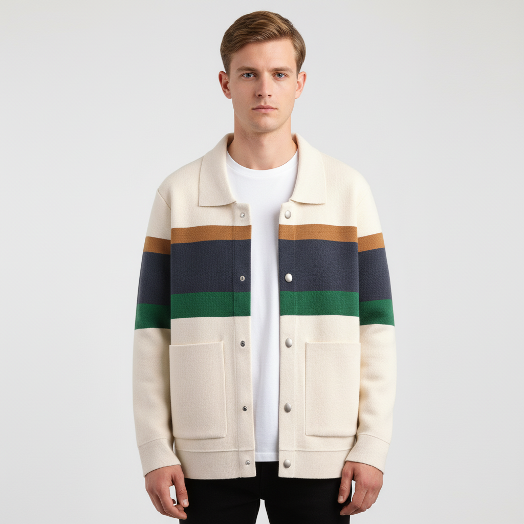 Stylish men's striped button-up vest, a warming and comfortable polyester layer for autumn