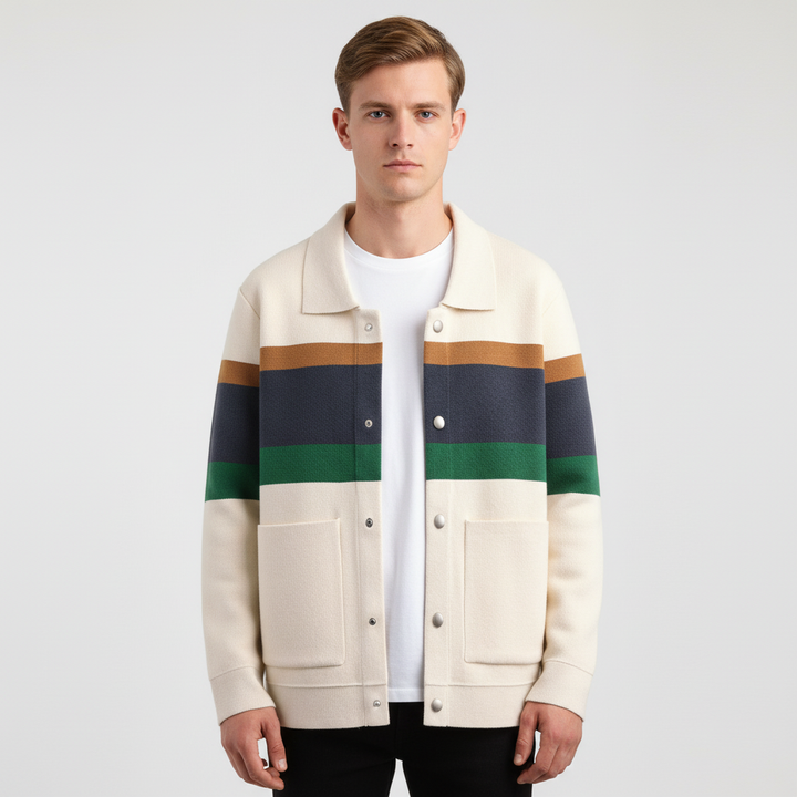Stylish men's striped button-up vest, a warming and comfortable polyester layer for autumn