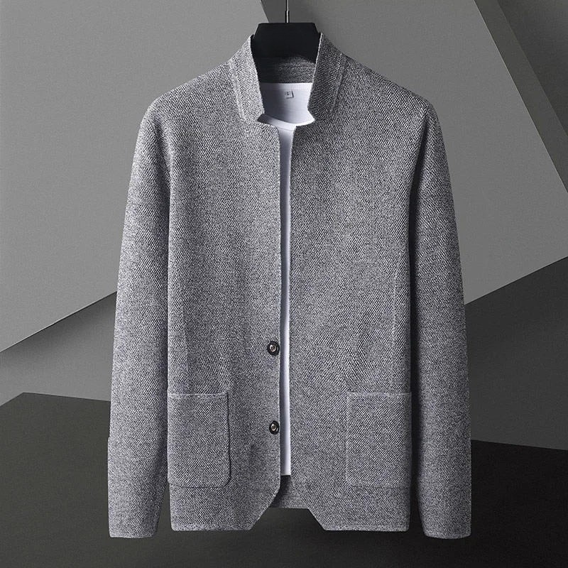 Men's Modform casual jacket in structured gray fabric. Edgy stand collar, button front. Smart casual outerwear for men.