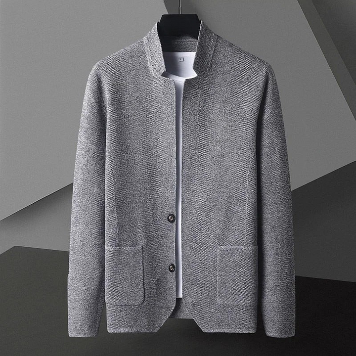 Men's Modform casual jacket in structured gray fabric. Edgy stand collar, button front. Smart casual outerwear for men.