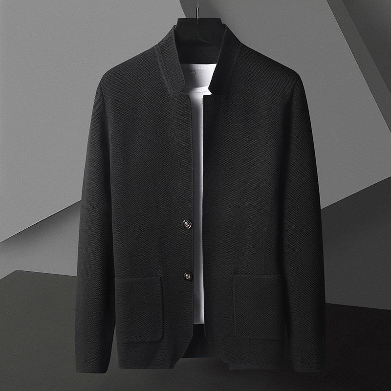 Khaki Modform men's jacket with a structured, edgy style. Features a modern stand collar & sleek button front closure.