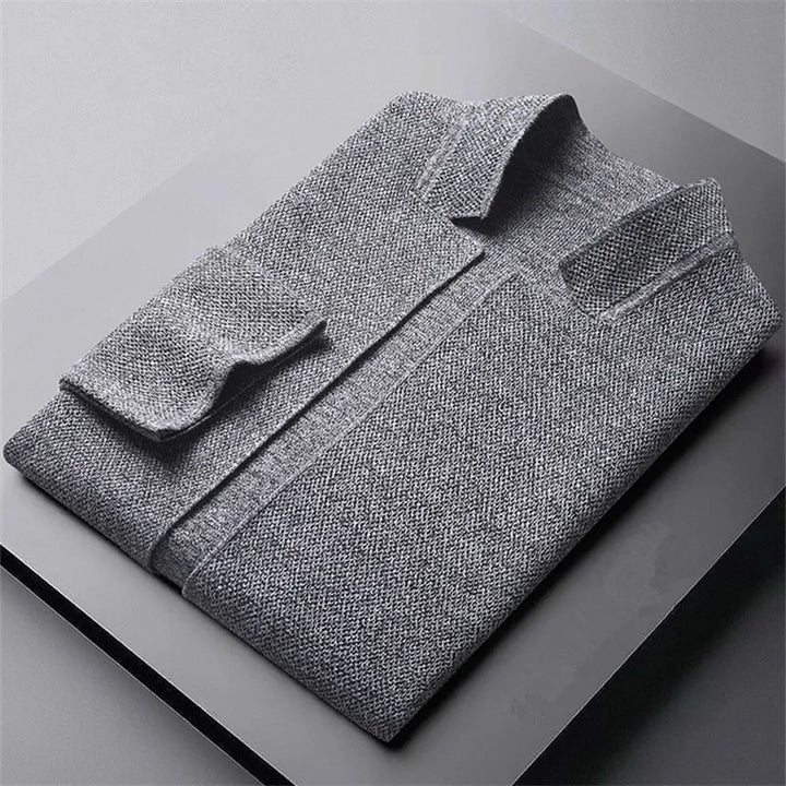 Structured gray Modform jacket, men's everyday casual wear. Features a contemporary stand collar & clean button front.