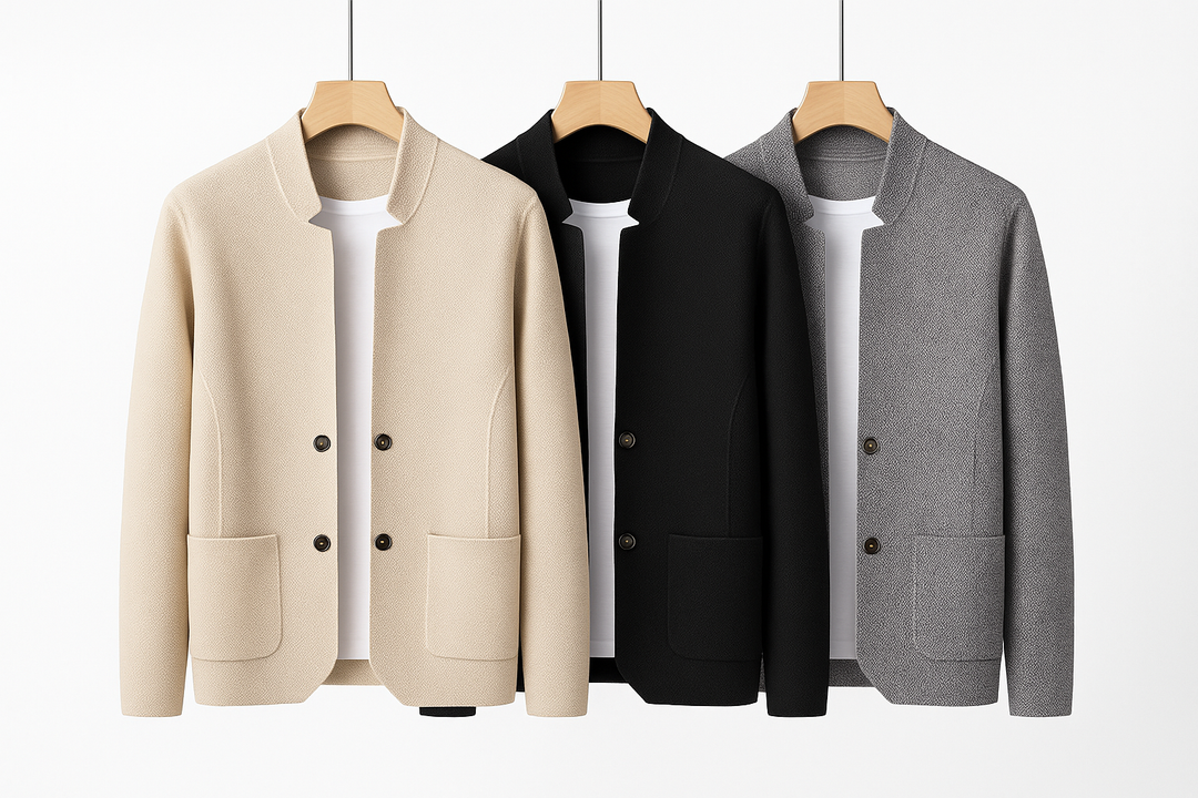 Minimalist khaki Modform men's jacket with structured lines. Smart casual outerwear featuring a stylish stand collar.