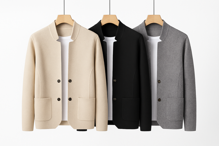 Minimalist khaki Modform men's jacket with structured lines. Smart casual outerwear featuring a stylish stand collar.