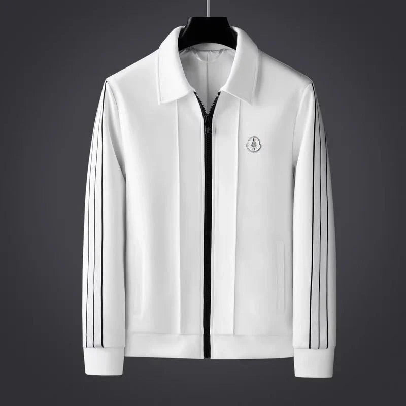 Men's Stylish Stripe Outfit. Black and white Monaco pattern, comfortable athleisure wear for casual elegance.