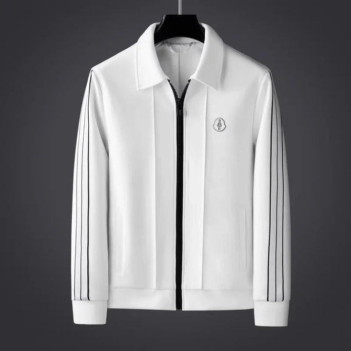 Men's Stylish Stripe Outfit. Black and white Monaco pattern, comfortable athleisure wear for casual elegance.