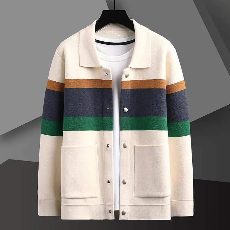 Men's Monaco striped button-up cardigan, perfect for smart casual or layering. Cozy and versatile men's fashion.