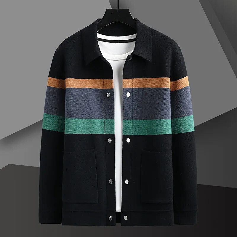 Monaco striped button-up cardigan for men. A comfortable and smart casual layering piece for modern men's fashion.
