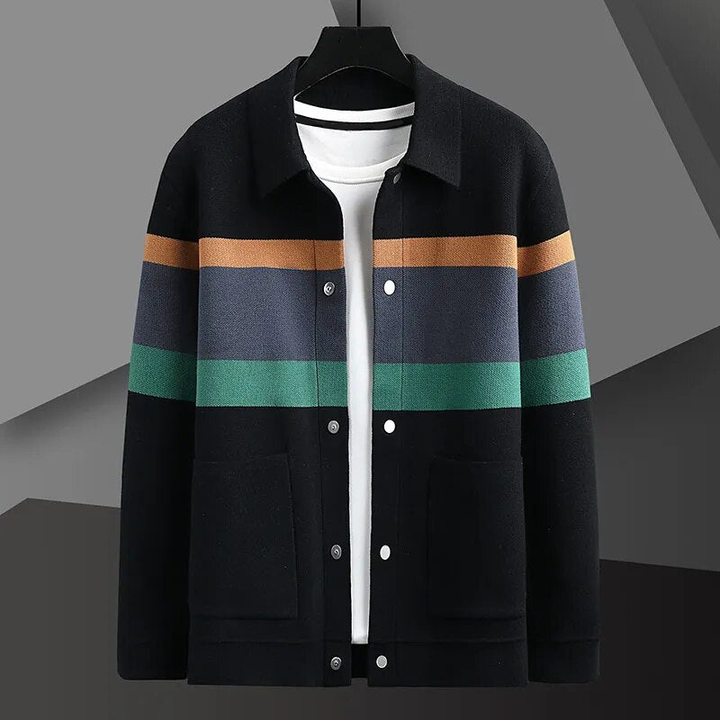 Monaco striped button-up cardigan for men. A comfortable and smart casual layering piece for modern men's fashion.