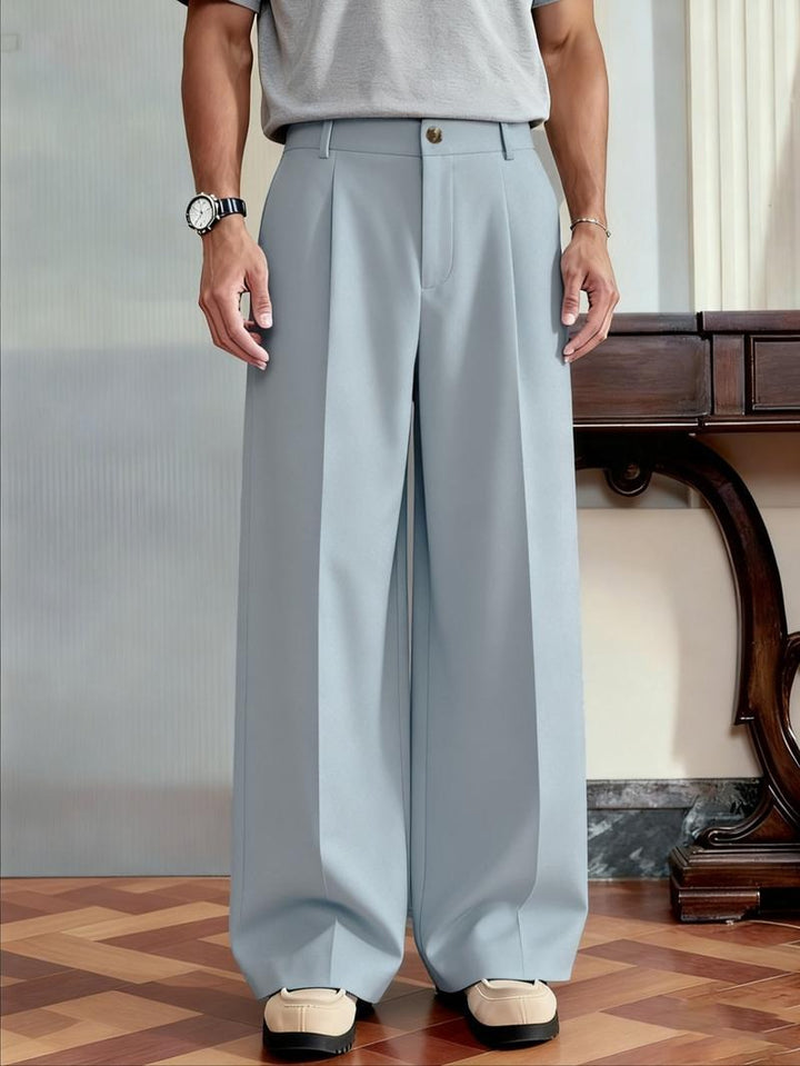Comfortable men's wide leg trousers, Monaco style, tailored from a wool blend for modern smart casual fashion.