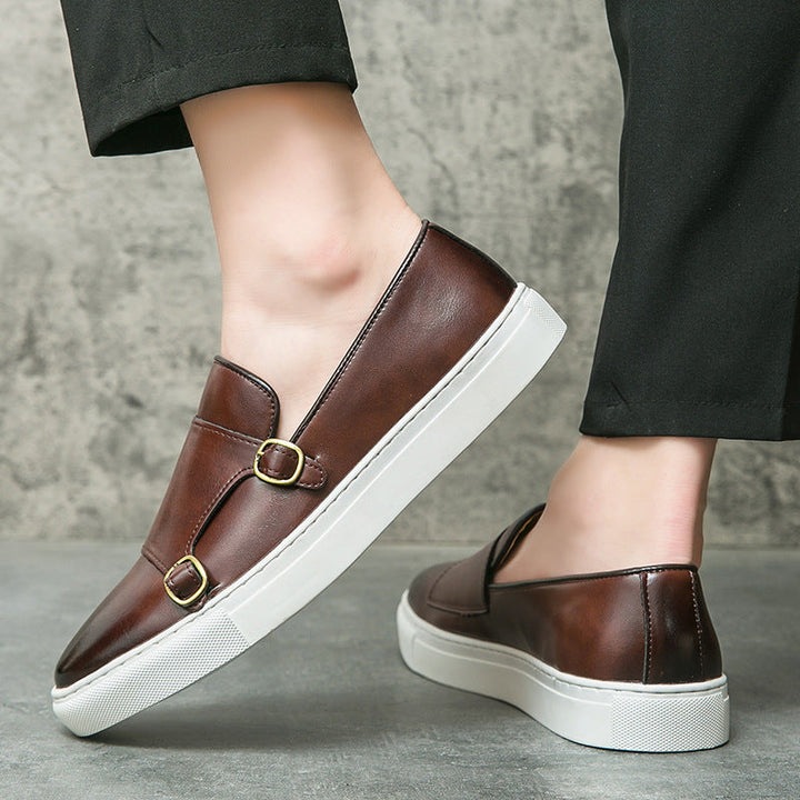 Comfortable men's slip-on monk strap loafers, a versatile choice for office and elegant casual fashion.