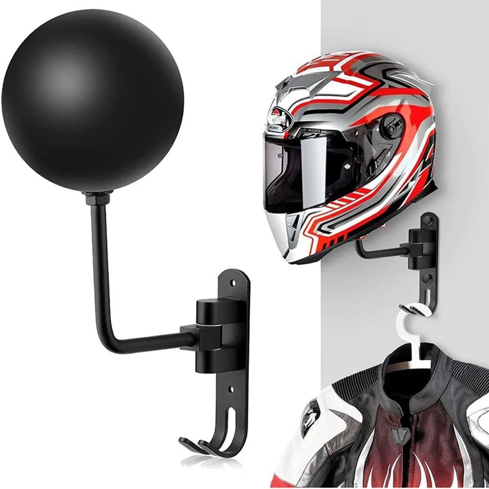 Men's motorcycle helmet & jacket wall mount rack. Organize gear, save space in garage or home.