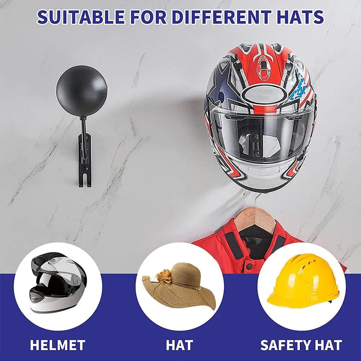 Black metal motorcycle helmet and jacket wall mount for efficient gear storage in the garage.