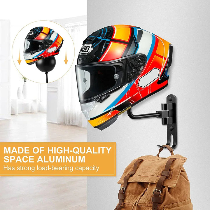 Wall mount rack for men's motorcycle helmet and jacket. Space-saving garage storage solution.