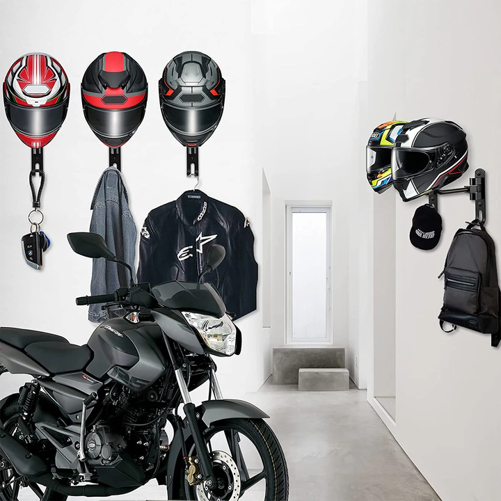 Sleek black wall mount rack for men's motorcycle helmet & jacket. Efficient biker gear storage.