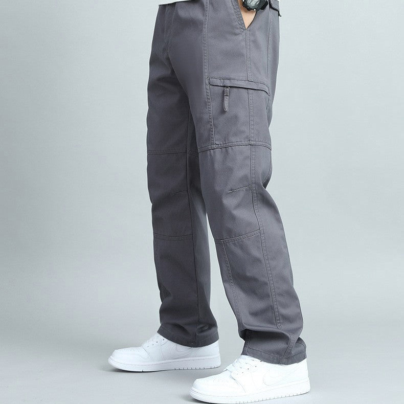 Side view of rugged men's cargo pants, designed for outdoor activities & heavy-duty workwear.