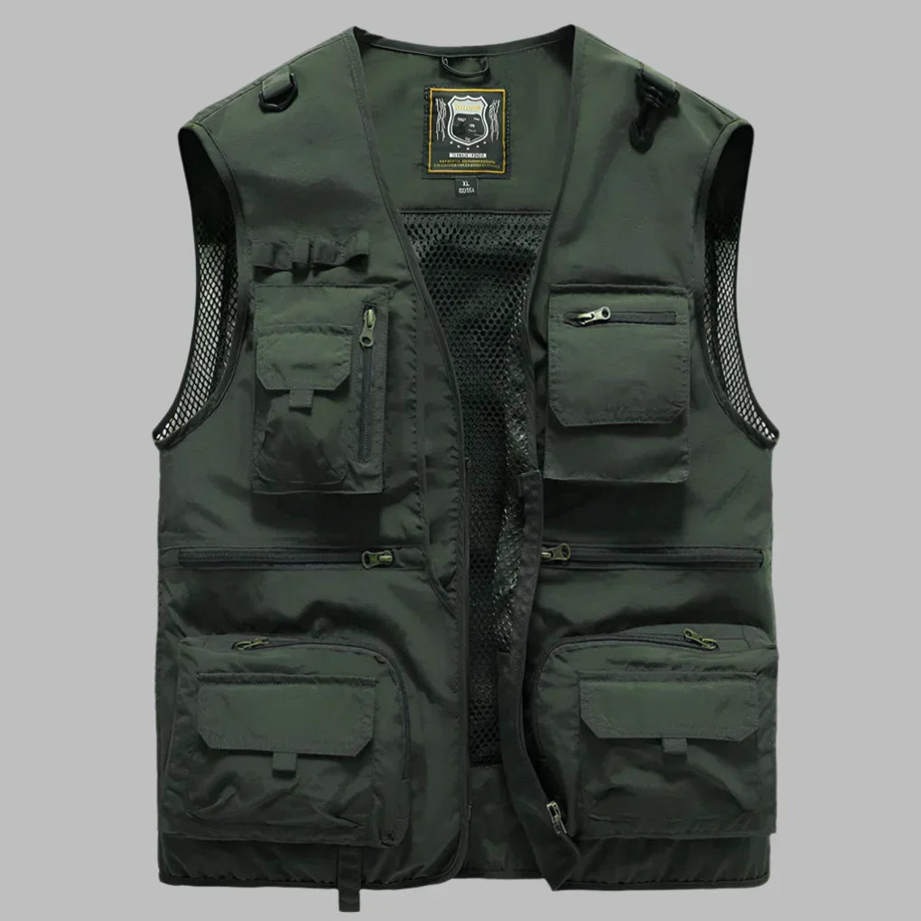 Practical men's multi-pocket adventure vest. Durable outdoor utility sleeveless jacket for hiking & travel.