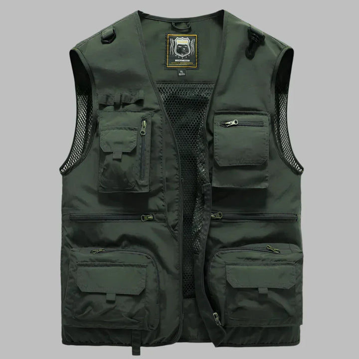 Practical men's multi-pocket adventure vest. Durable outdoor utility sleeveless jacket for hiking & travel.