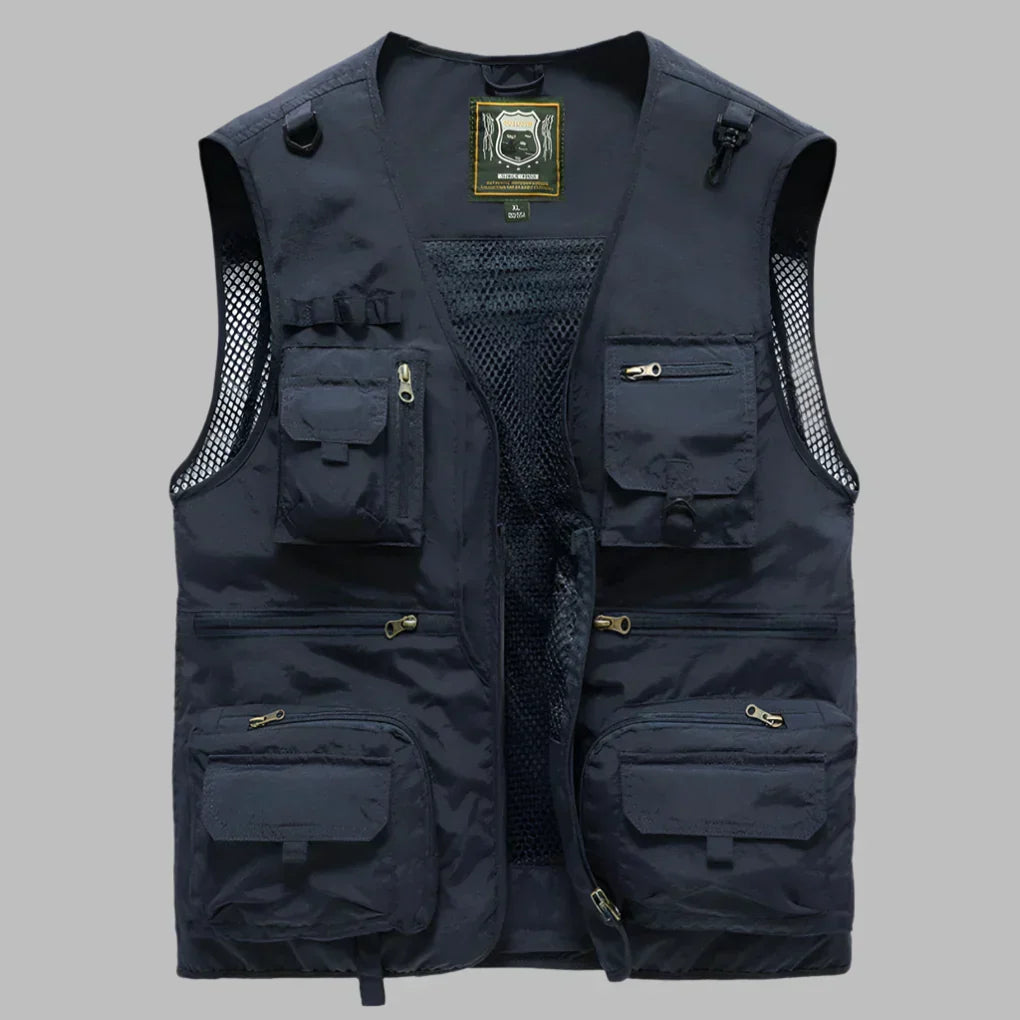 Men's outdoor utility vest with ample pockets, designed for fishing, hiking, and travel adventures.