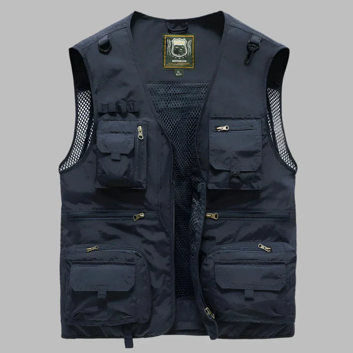 Men's outdoor utility vest with ample pockets, designed for fishing, hiking, and travel adventures.
