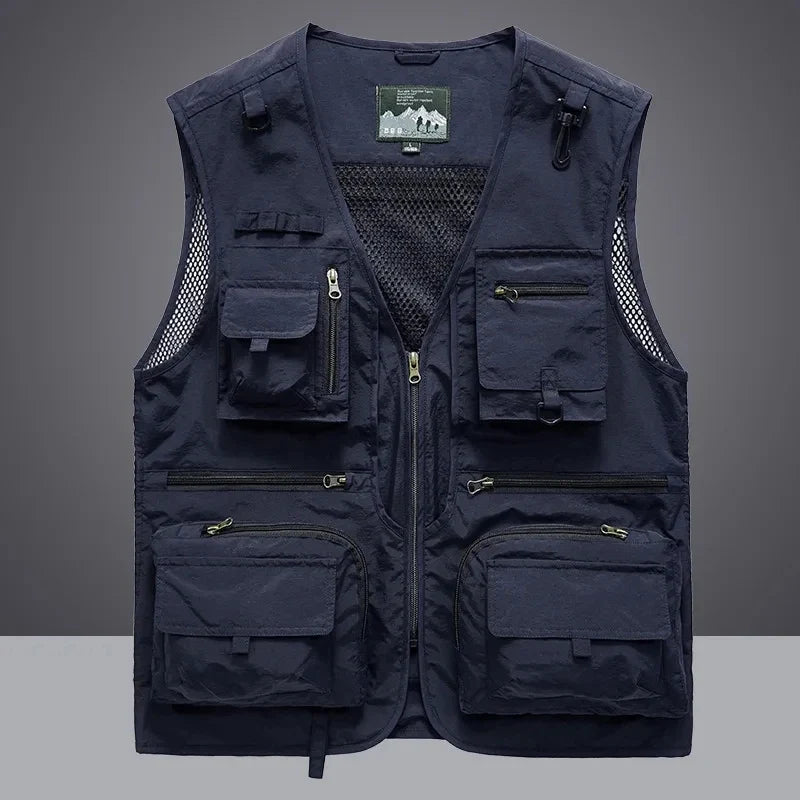 Men's multi-pocket utility fishing vest with breathable mesh, ideal for outdoor activities & gear storage.
