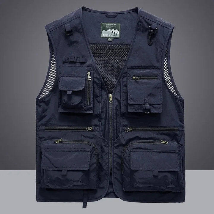 Men's multi-pocket utility fishing vest with breathable mesh, ideal for outdoor activities & gear storage.