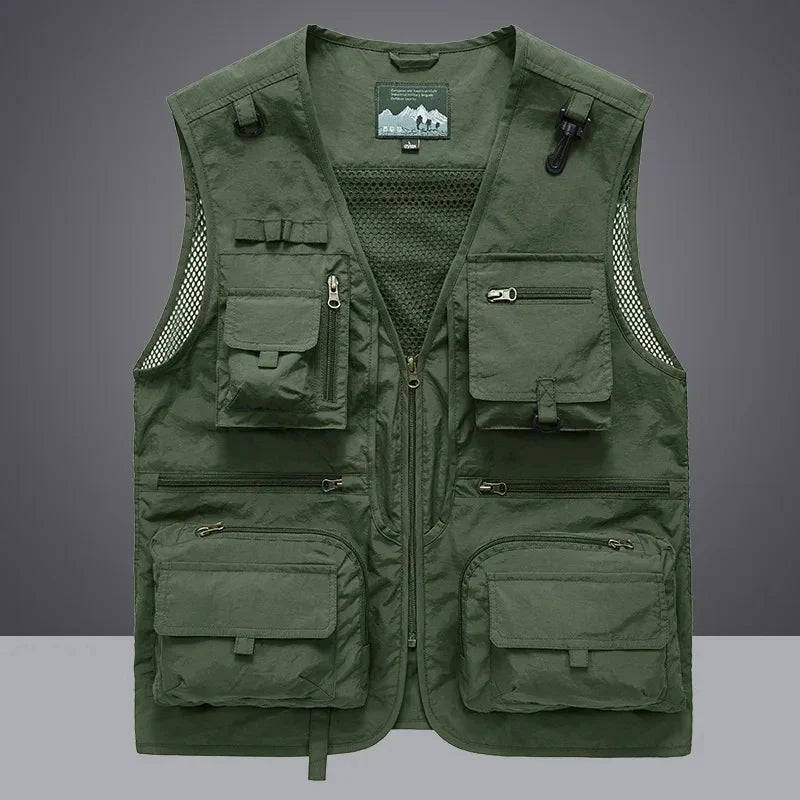 Durable men's cargo utility vest with many pockets, perfect as a work, tool, or photography vest.