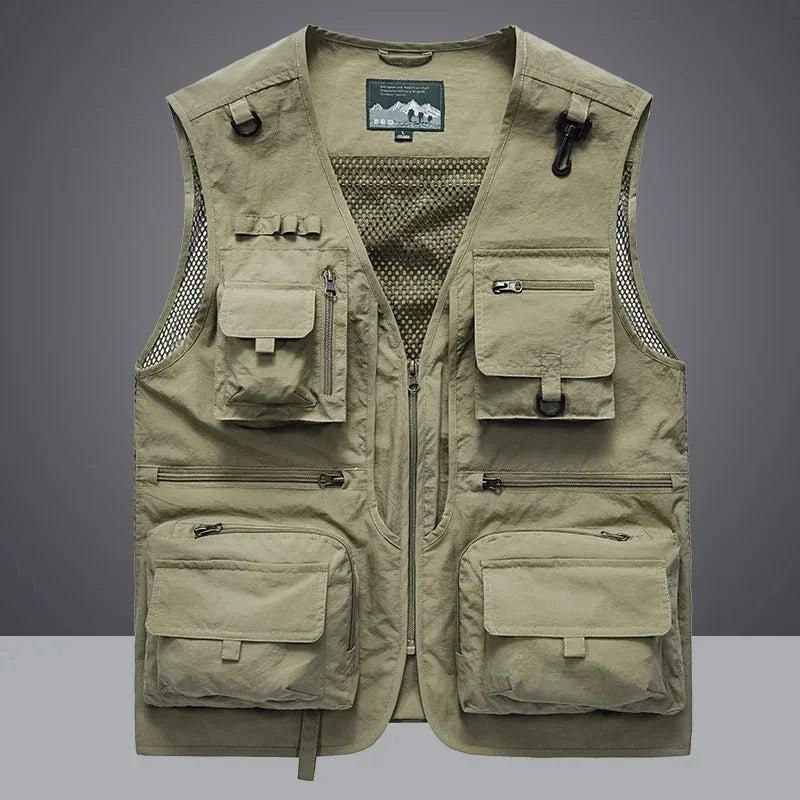 Multi-pocket outdoor vest for men, designed for fishing, hiking, and photographers needing gear storage.