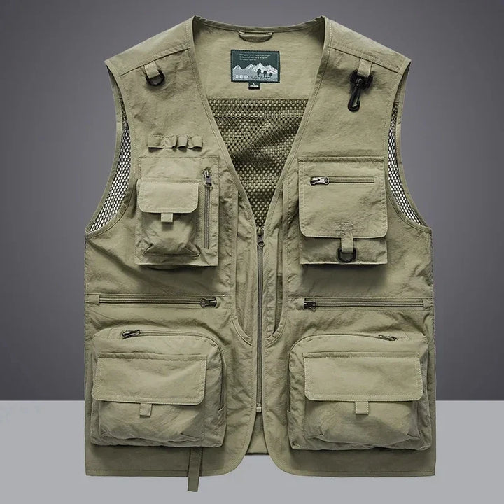 Multi-pocket outdoor vest for men, designed for fishing, hiking, and photographers needing gear storage.