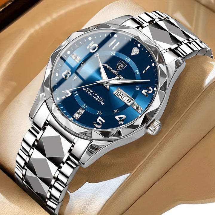 Close-up: Men's waterproof sports watch, highlighting the clear dual display, chronograph & alarm.