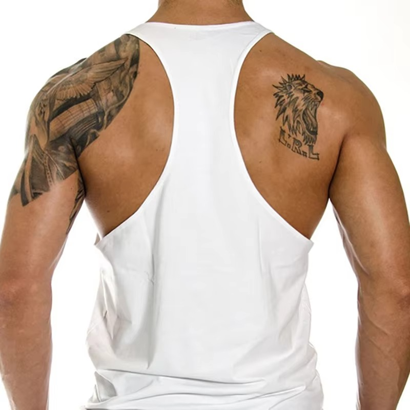Y-back stringer tank top for men. Muscle fit gym wear, ideal for bodybuilding workouts.