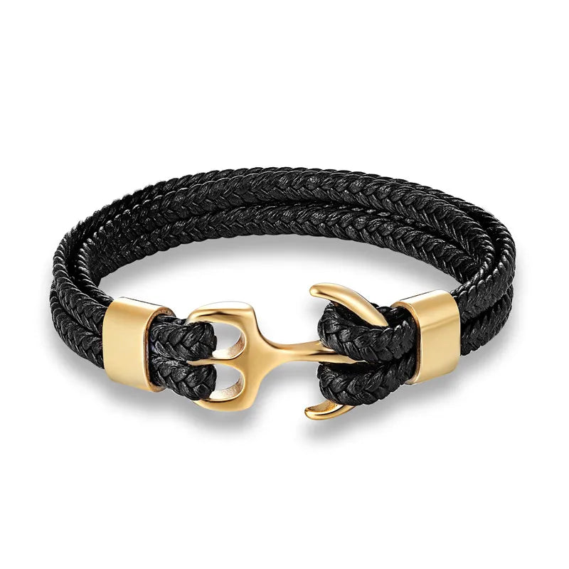 Men's nautical anchor leather bracelet, black braided, stainless steel clasp, casual style