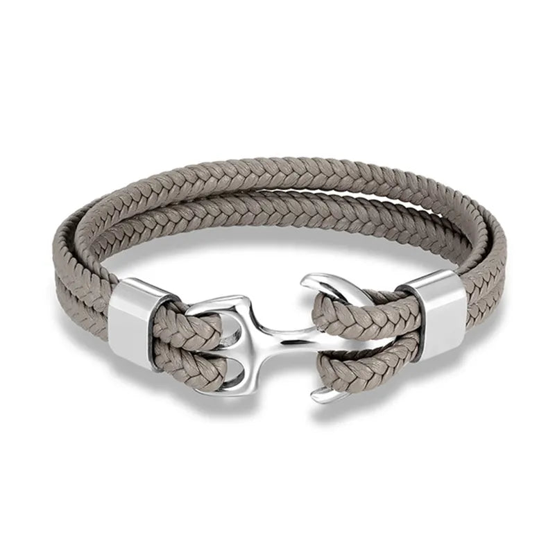 Fashionable men's anchor bracelet, handcrafted with genuine leather and steel accents