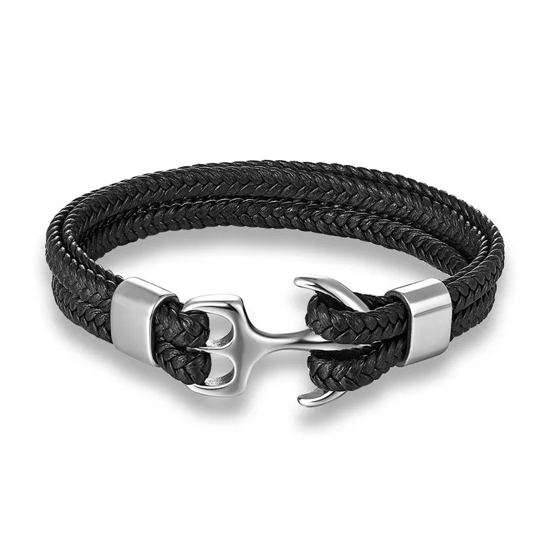 Stylish men's leather bracelet with silver anchor charm, perfect for everyday wear