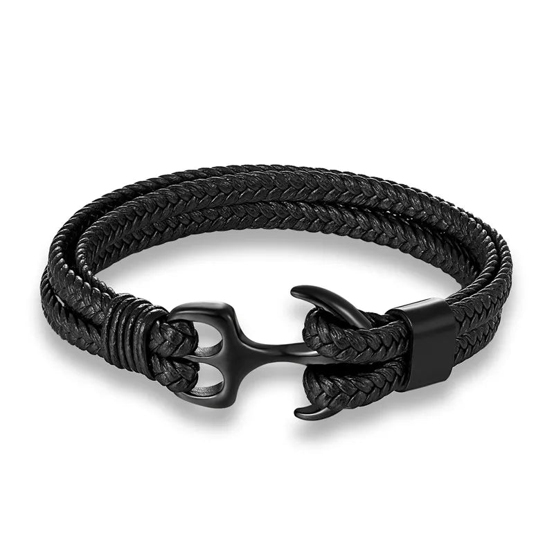 Close-up of a men's nautical anchor leather bracelet, showcasing the intricate design