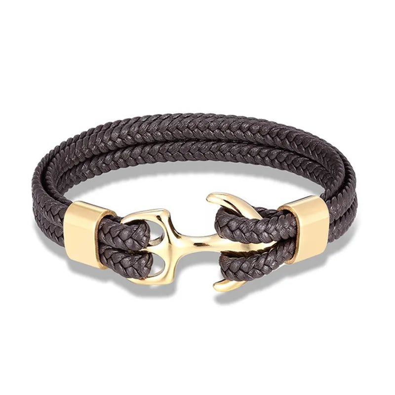 Men's fashion accessory: braided leather bracelet with a polished stainless steel anchor