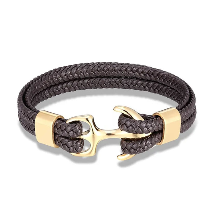 Men's fashion accessory: braided leather bracelet with a polished stainless steel anchor