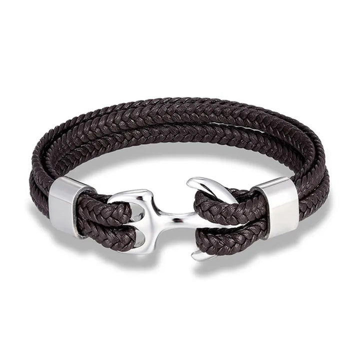 Gift for men: durable black leather anchor bracelet, ideal for casual outfits