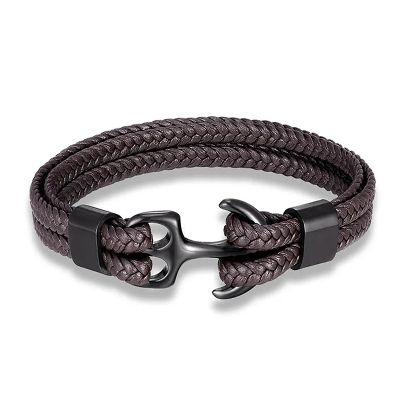 Adjustable men's nautical bracelet featuring a prominent anchor and leather straps
