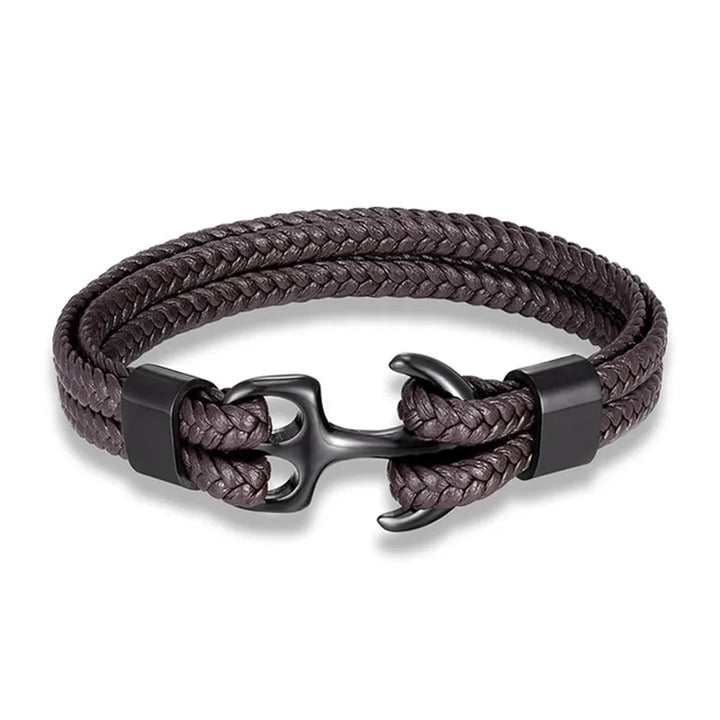 Adjustable men's nautical bracelet featuring a prominent anchor and leather straps